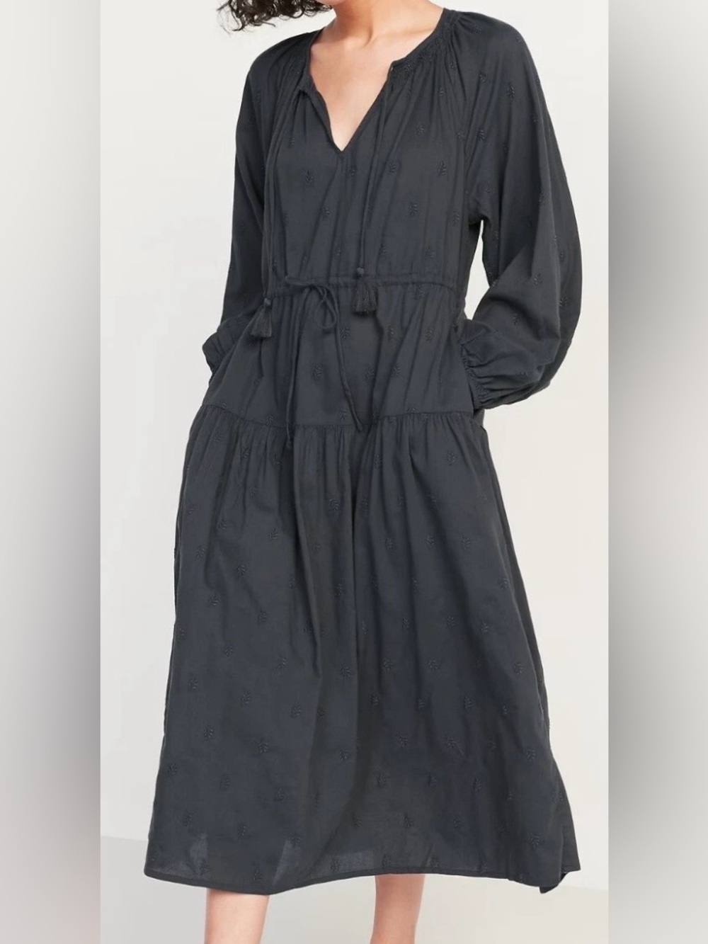 Old Navy Embroidered Dark‎ Cottagecore Charcoal Grey Dress Medium